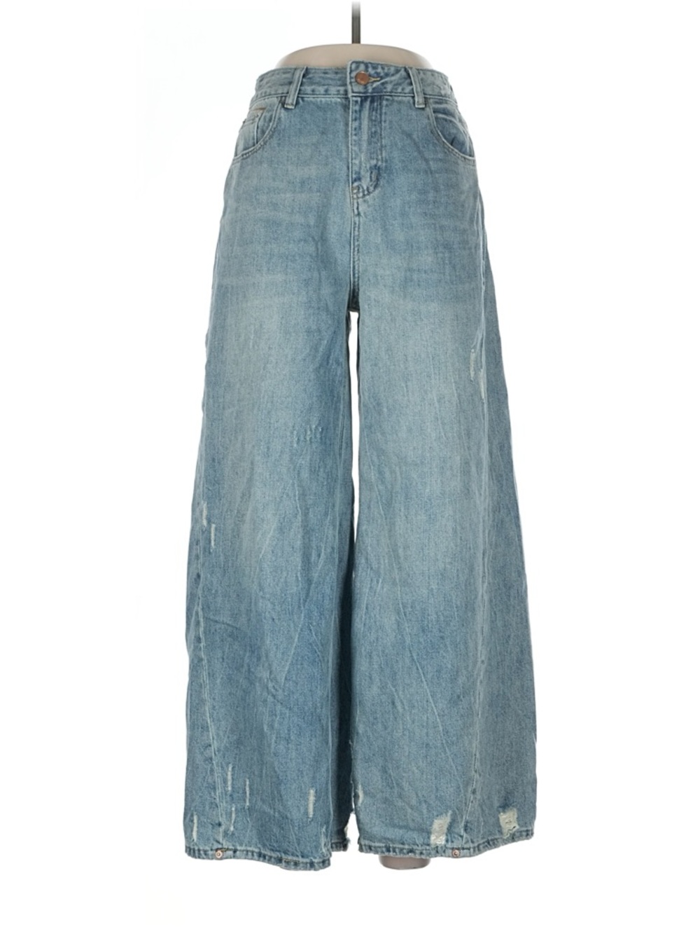 High-Rise Wide Leg Distressed Women's Jeans - Light Blue